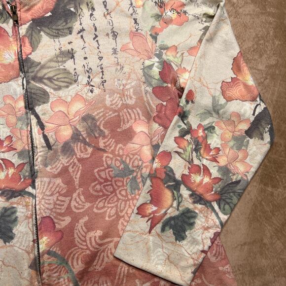 Vintage 90s Christopher & Banks Floral Print Chinese Text Zip Up Jacket Hoodie - Picture 4 of 8